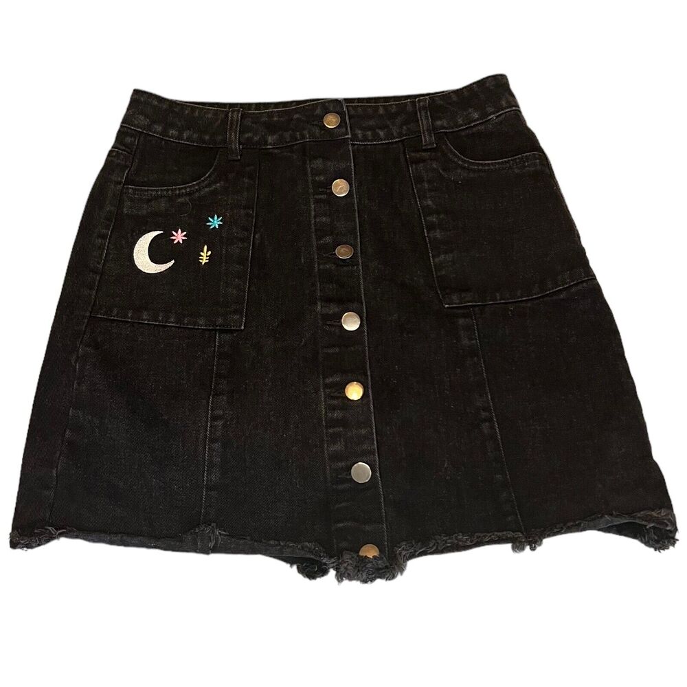 Womens Shein Jean Skirt Y2K Style Black Size Large Full Button Front Embroidered - Picture 2 of 5